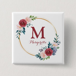 Chapa Cuadrada Monograma y nombre del Rosa de borgoña Personaliza