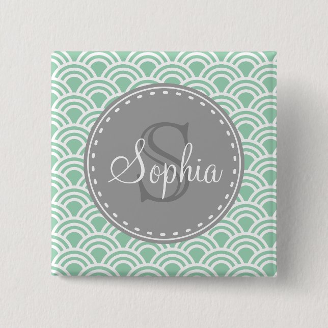 Chapa Cuadrada Monogramado Gris Mint Moderno Patrón (Anverso)