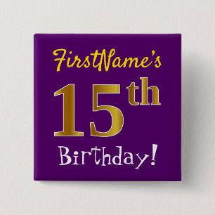 Chapa Cuadrada Morado, Faux Gold 15 cumpleaños, con nombre person