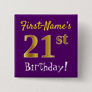 Chapa Cuadrada Morado, Faux Gold 21st Birthday, con nombre person