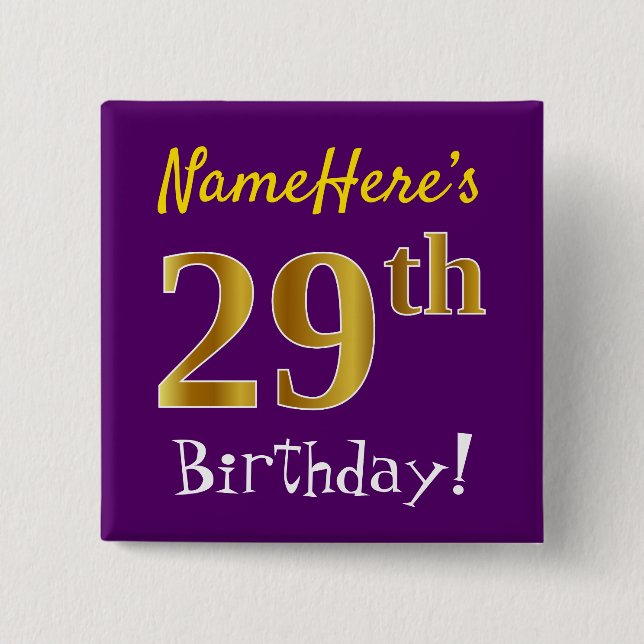 Chapa Cuadrada Morado, Faux Gold 29th Birthday, con nombre person (Anverso)