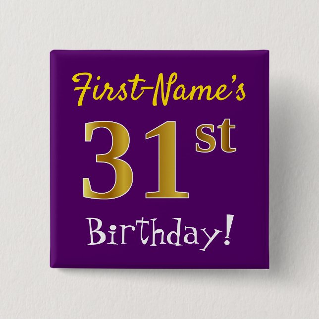 Chapa Cuadrada Morado, Faux Gold 31st Birthday, con nombre person (Anverso)