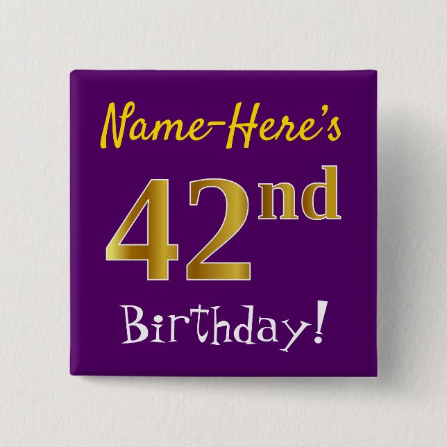 Chapa Cuadrada Morado, Faux Gold 42nd Birthday, con nombre person (Anverso)
