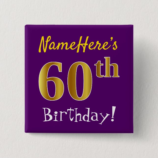 Chapa Cuadrada Morado, Faux Gold 60 cumpleaños, con nombre person (Anverso)