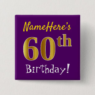 Chapa Cuadrada Morado, Faux Gold 60 cumpleaños, con nombre person