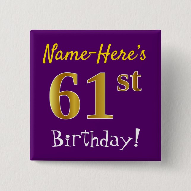 Chapa Cuadrada Morado, Faux Gold 61st Birthday, Con Nombre Person (Anverso)