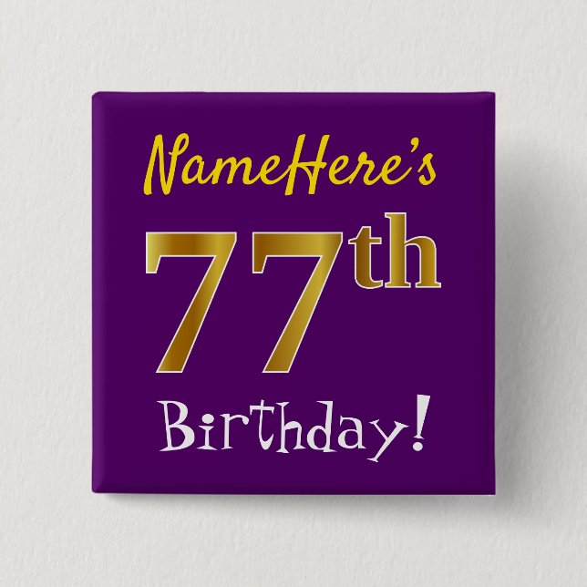 Chapa Cuadrada Morado, Faux Gold 77th Birthday, con nombre person (Anverso)