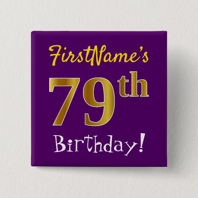 Chapa Cuadrada Morado, Faux Gold 79th Birthday, con nombre person (Anverso)