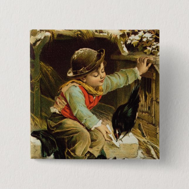 Chapa Cuadrada Muchacho joven con los pájaros en la nieve (Anverso)