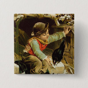 Chapa Cuadrada Muchacho joven con los pájaros en la nieve