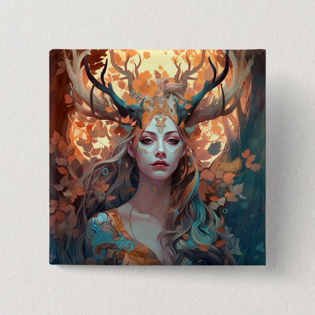 Chapa Cuadrada Mujer Con Antlers Fantasía Arte (Anverso)