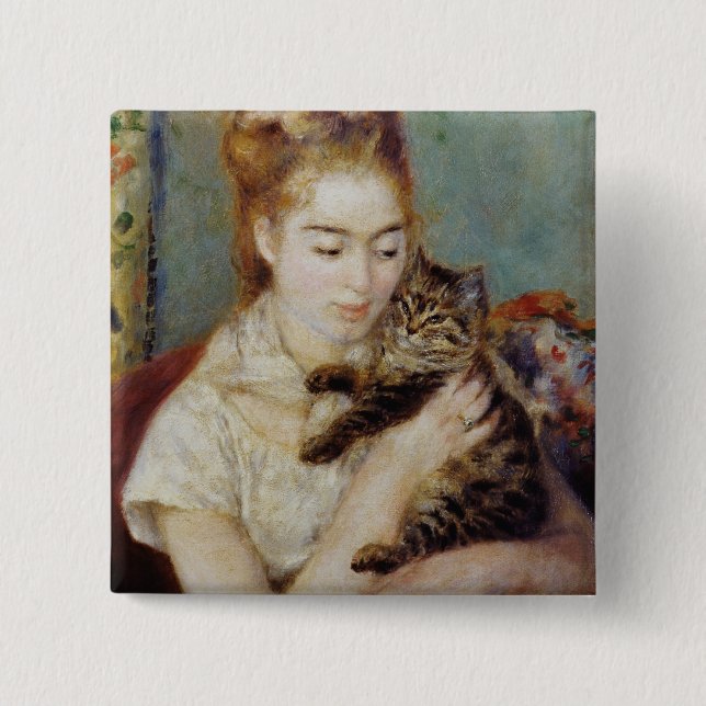 Chapa Cuadrada Mujer con un gato de Pierre-Auguste Renoir (Anverso)