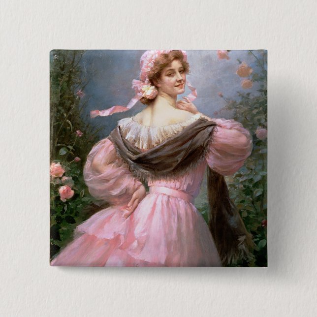 Chapa Cuadrada Mujer elegante en una rosaleda (Anverso)