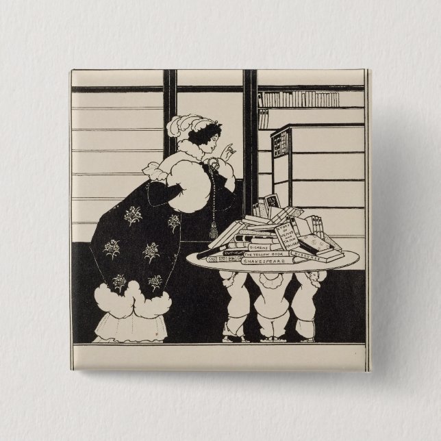 Chapa Cuadrada Mujer en una librería, diseño para un "libro (Anverso)