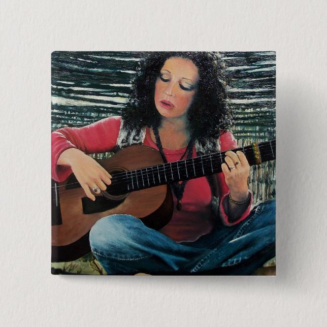 Chapa Cuadrada Mujer Jugando Música Con Guitarra Acústica (Anverso)
