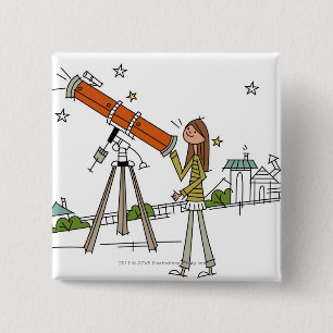 Chapa Cuadrada Mujer que usa un telescopio de la astronomía