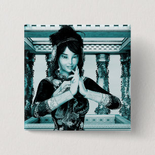 Chapa Cuadrada Mujer Real Asiática Arte de Retrato Azul