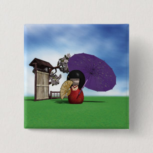 Chapa Cuadrada Muñeca Kokeshi Japonesa Arte Flor de Cerezo