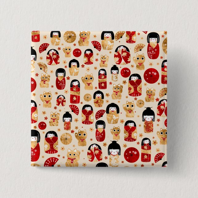Chapa Cuadrada Muñecas japonesas - Gatos Kokeshi y Maneki Neko (Anverso)