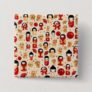 Chapa Cuadrada Muñecas japonesas - Gatos Kokeshi y Maneki Neko