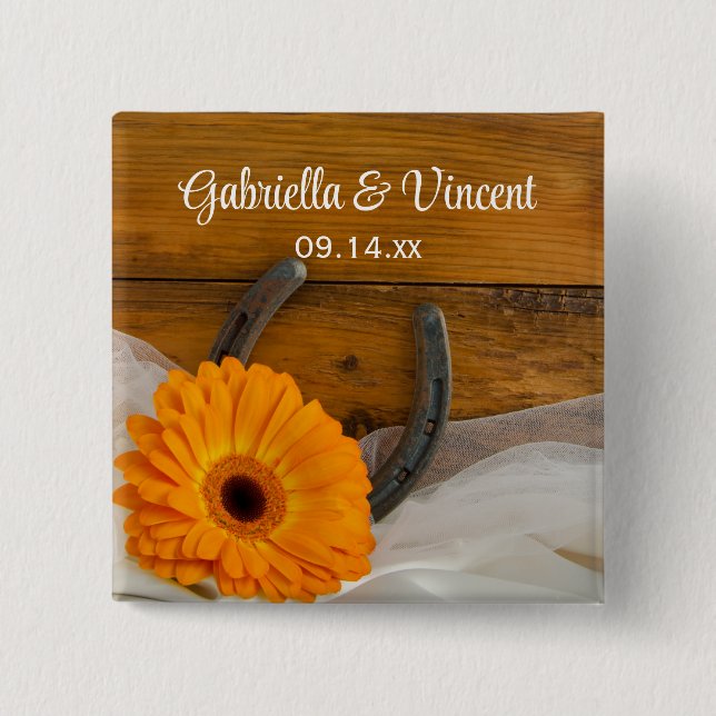 Chapa Cuadrada Naranja Daisy y Horseshoe País Boda Occidental (Anverso)