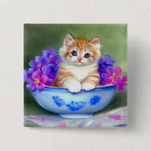 Chapa Cuadrada Naranja de época y Ilustracion de gatito blanco