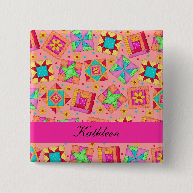 Chapa Cuadrada Naranja Fuchsia Patchwork Quilt Blocks Name Badge (Anverso)