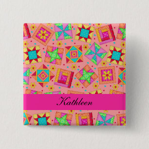 Chapa Cuadrada Naranja Fuchsia Patchwork Quilt Blocks Name Badge