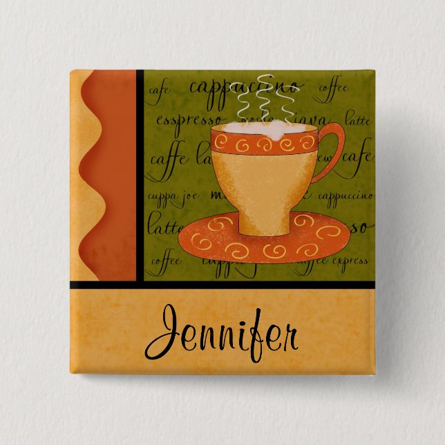 Chapa Cuadrada Naranja Gold Green Coffee Cup Art Custom Name (Anverso)