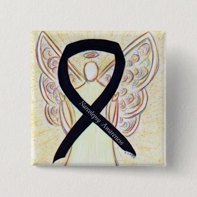 Chapa Cuadrada Narcolepsy Awareness Angel Black Ribbon Art Pins (Anverso)