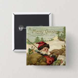 Chapa Cuadrada Navidad Vintage, Santa Claus Victoriano en Trineo