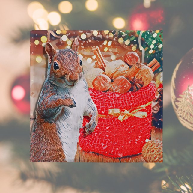 Chapa Cuadrada Navidades de ardilla de la piel (Cute squirrel Christmas button pin makes a great stocking stuffer or Christmas party favor. )