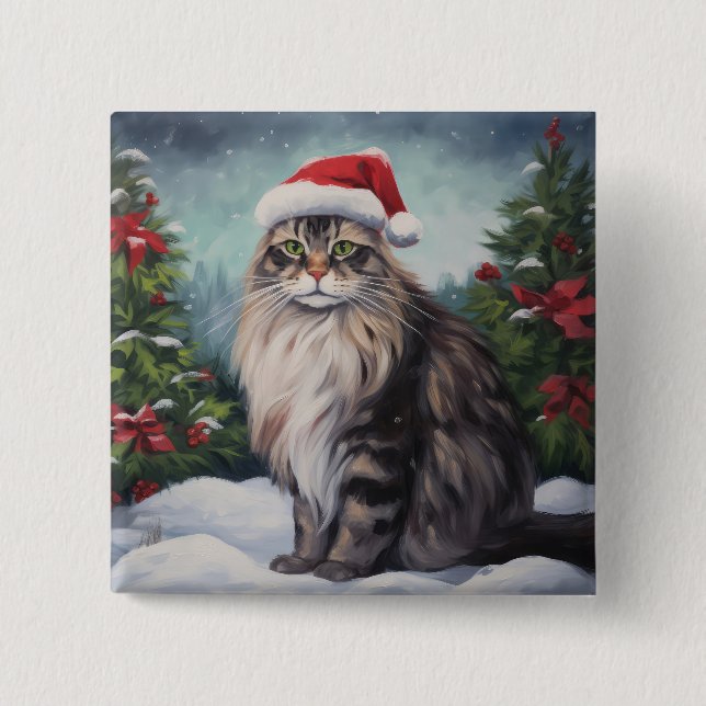 Chapa Cuadrada Navidades de Nieve al gato de Maine Coon (Anverso)