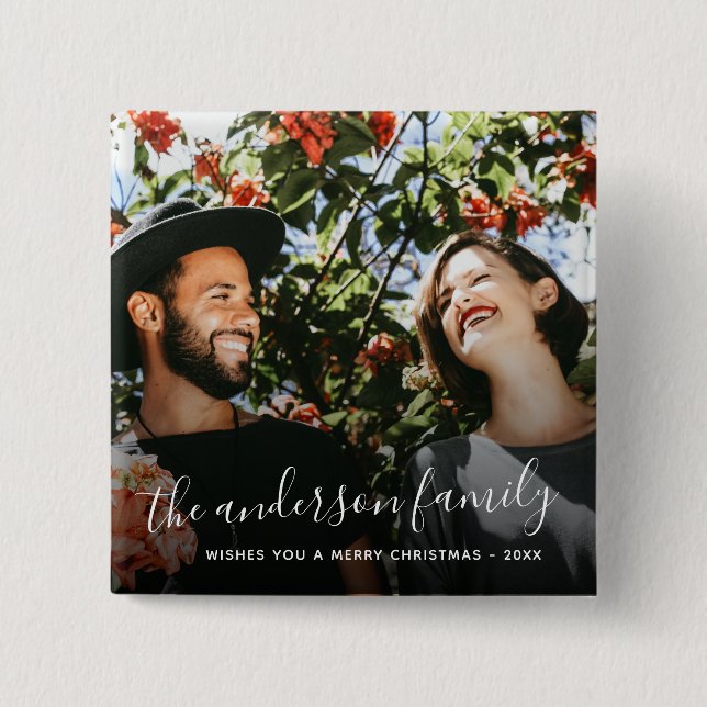 Chapa Cuadrada Navidades de nombre de familia de script blanco (Anverso)