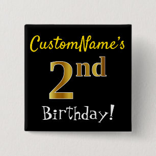 Chapa Cuadrada Negro, Faux Gold 2º cumpleaños, con nombre persona