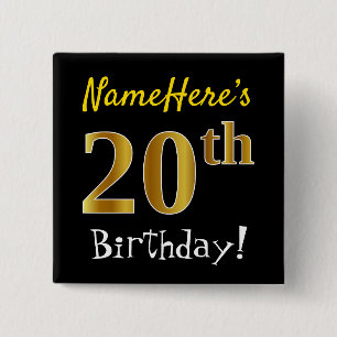 Chapa Cuadrada Negro, Faux Gold 20 cumpleaños, con nombre persona