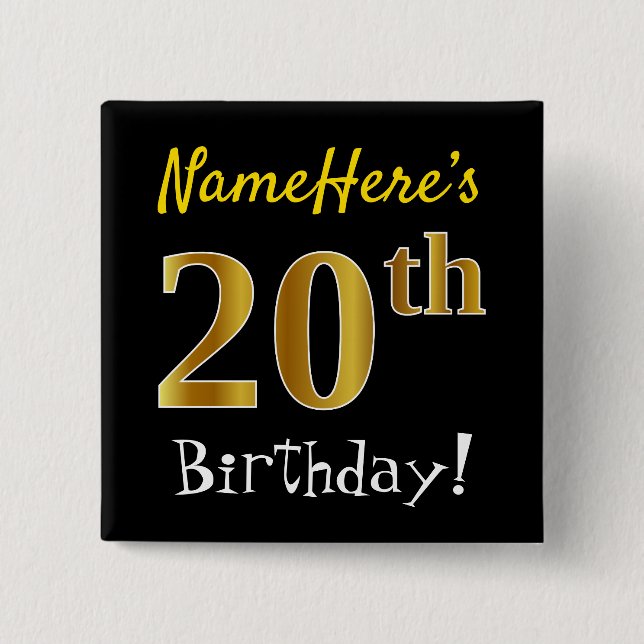 Chapa Cuadrada Negro, Faux Gold 20 cumpleaños, con nombre persona (Anverso)