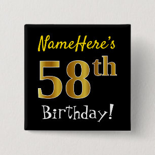 Chapa Cuadrada Negro, Faux Gold 58th Birthday, con nombre persona