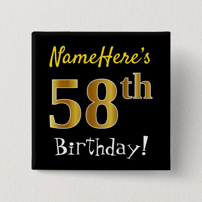 Chapa Cuadrada Negro, Faux Gold 58th Birthday, con nombre persona (Anverso)