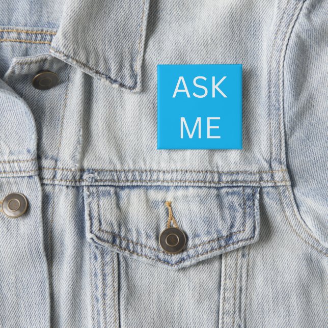 Chapa Cuadrada Neon Blue Ask Me Button Pin Volunteer, business (In situ)