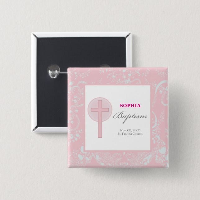 Chapa Cuadrada Niña de Encaje Rosa Bautizo (Anverso y reverso)