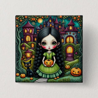 Chapa Cuadrada Niña Gótica Adorable Calabaza Pueblo Halloween