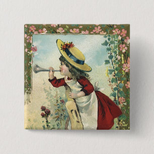 Chapa Cuadrada Niña victoriana vintage, Chica con prado de bugle