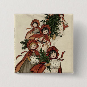 Chapa Cuadrada Niñas con acebo y el árbol de navidad