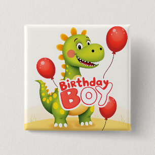 Chapa Cuadrada Niño de cumpleaños cute dinosaurio con globos rojo