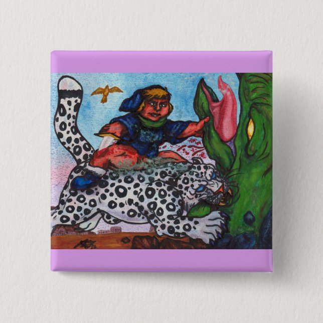 Chapa Cuadrada niño fantasía montando gato luchando con dragón y  (Anverso)