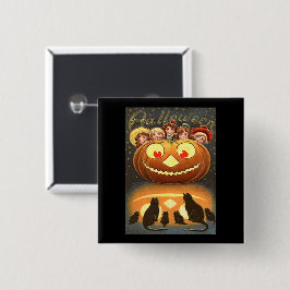 Chapa Cuadrada Niños de Halloween de época, Jack o' Lantern y gat