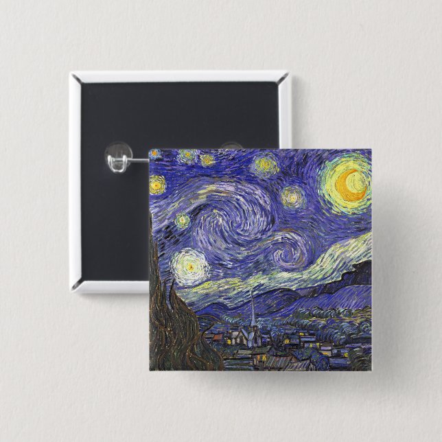 Chapa Cuadrada Noche estrellada de Vincent van Gogh (Anverso y reverso)