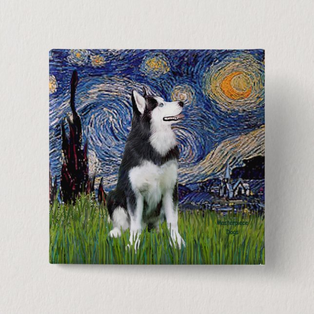 Chapa Cuadrada Noche estrellada - Husky siberiano #1 (Anverso)