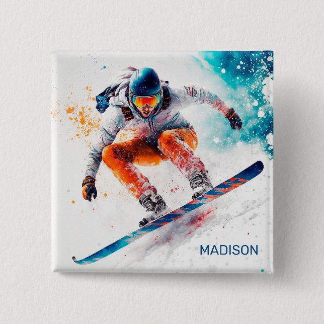 Chapa Cuadrada Nombre personalizado Ilustracion Snowboarder (Anverso)